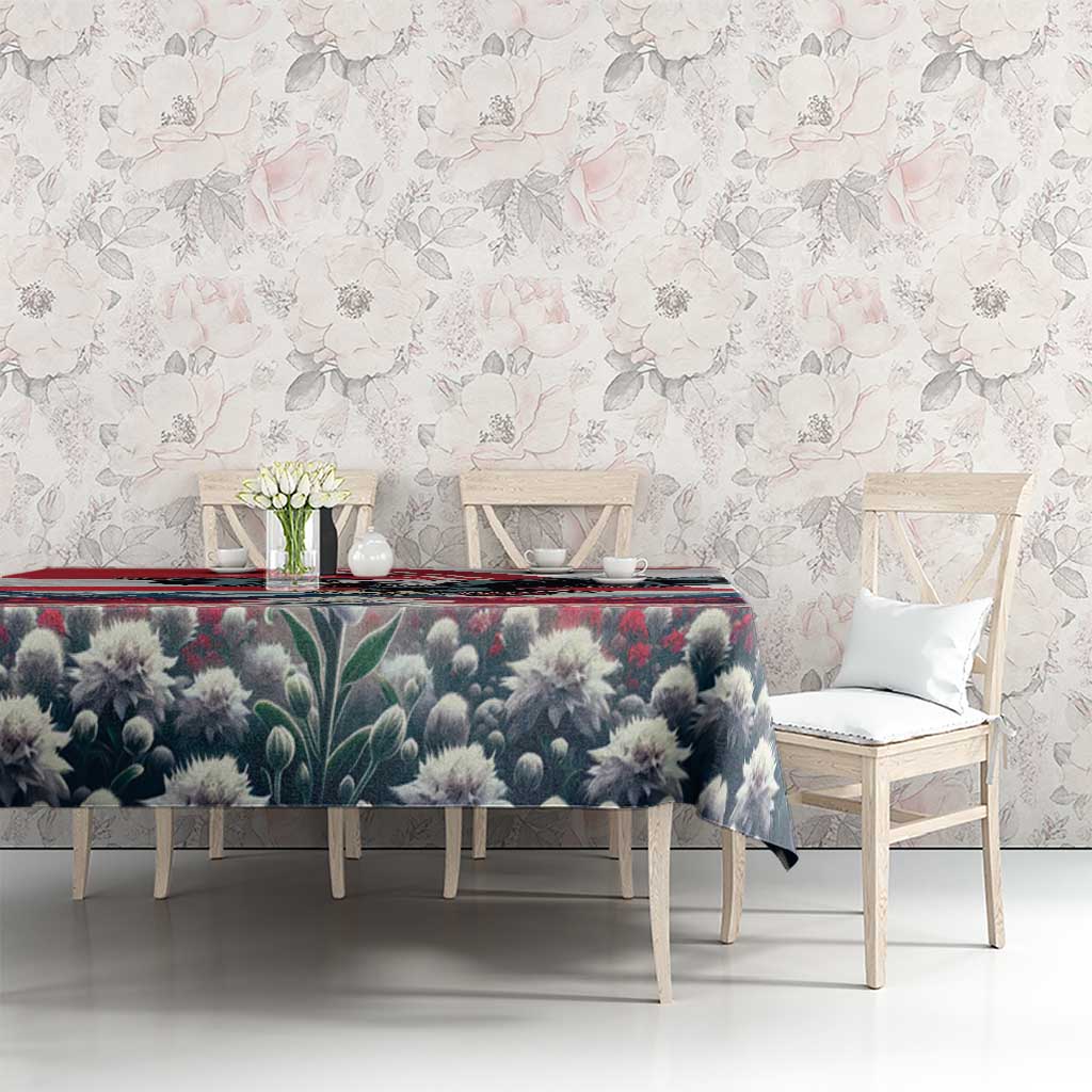 Rectangular black-blue floral tablecloth with red stripe border on dining table