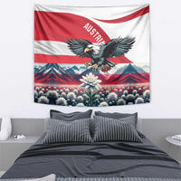 Red-and-white wall tapestry with black eagle over alpine mountains and edelweiss flower