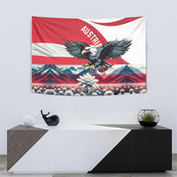 Austria flag tapestry featuring black eagle, snowcapped peaks, edelweiss, and red mountains