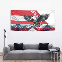 Austria-themed wall tapestry with black eagle emblem, mountain range, and edelweiss flower