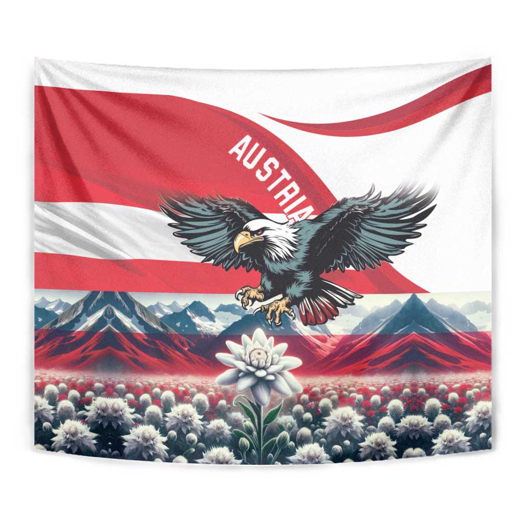 Close-up red-and-white wall tapestry with black eagle and edelweiss above mountain scene