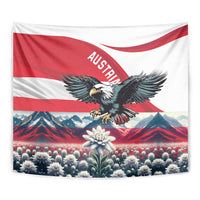 Close-up red-and-white wall tapestry with black eagle and edelweiss above mountain scene