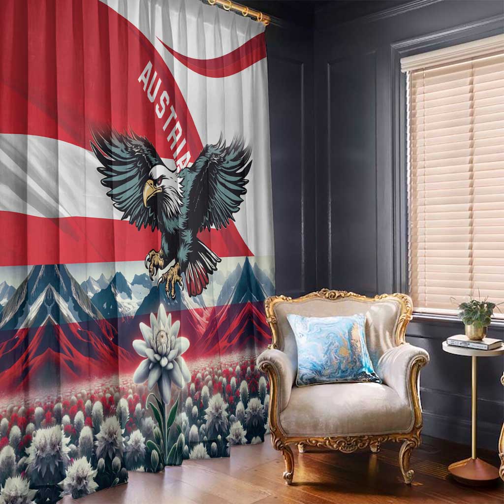 Window curtain panels with Austrian flag design, black eagle, and landscape flowers