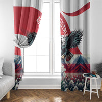 Two curtain panels framing a window with Austrian flag stripes and eagle artwork
