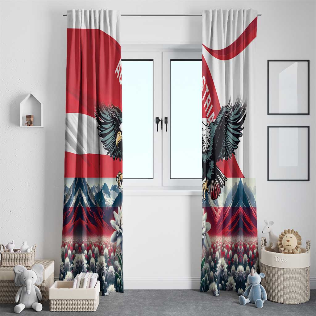 Pair of window curtain panels with Austrian flag stripes, eagle motif, and mountain scene