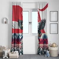 Pair of window curtain panels with Austrian flag stripes, eagle motif, and mountain scene