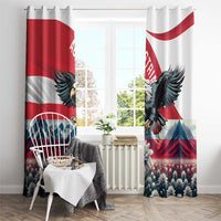 Curtain panels on a rod with Austrian flag colors, black eagle, and mountain valley print
