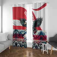 Austrian flag window curtain panels with black eagle and red-white-blue mountain scenery
