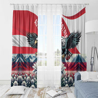 Two curtain panels with Austrian flag design, black eagle, and edelweiss flower accents
