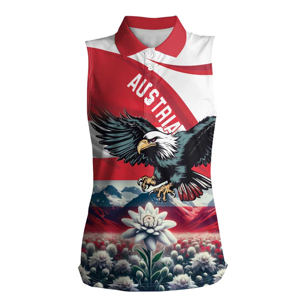 Austria Black Eagle Women Sleeveless Polo Shirt Edelweiss with Austrian Flag - Wonder Print Shop