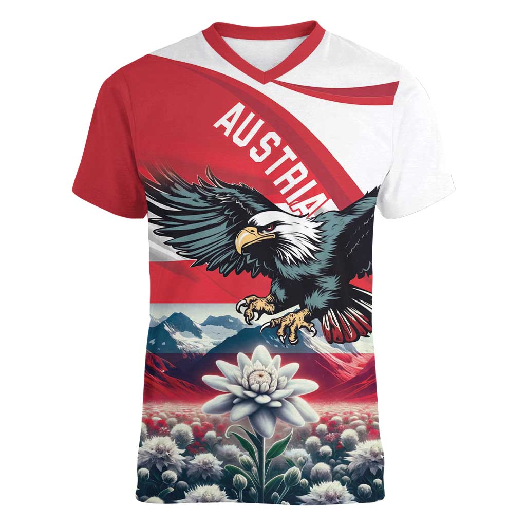 Austria Black Eagle Women V-Neck T-Shirt Edelweiss with Austrian Flag - Wonder Print Shop