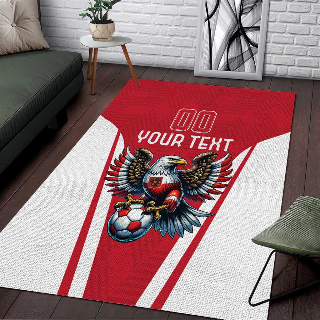 Red and white rectangular area rug featuring eagle with soccer ball and 'YOUR TEXT'