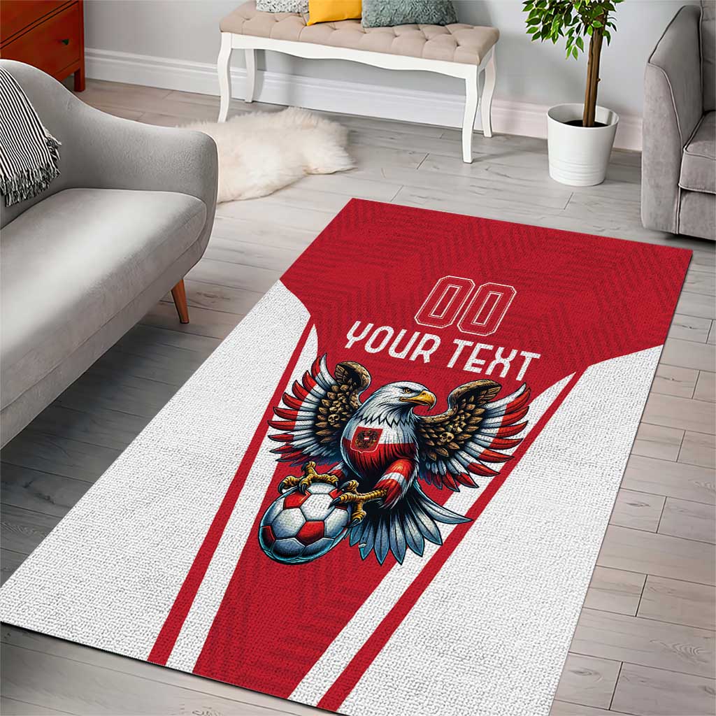 Red and white area rug with eagle soccer mascot and bold 'YOUR TEXT' lettering