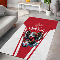 Red and white area rug with eagle soccer mascot and bold 'YOUR TEXT' lettering
