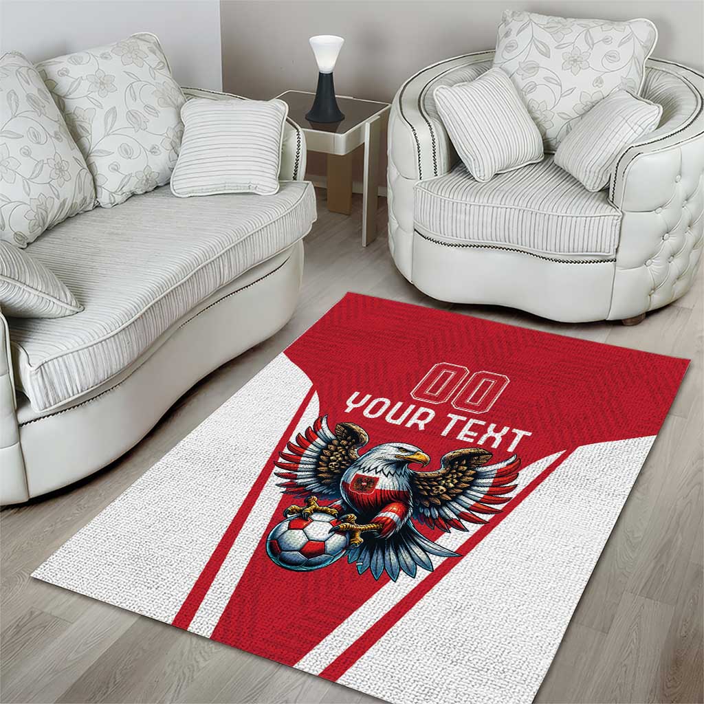 Red and white area rug with eagle soccer mascot and 'YOUR TEXT' design