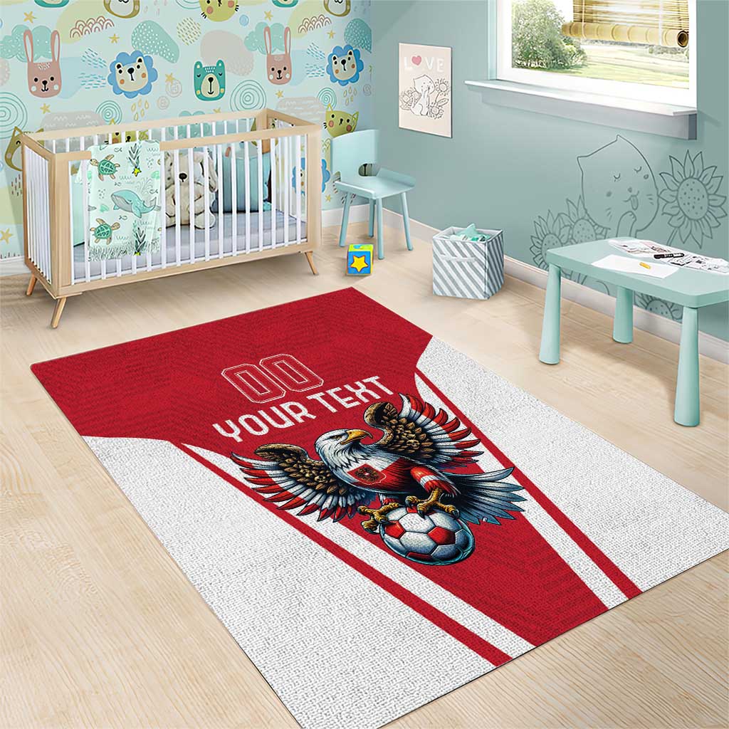 Red and white area rug showing eagle soccer mascot with 'YOUR TEXT' message
