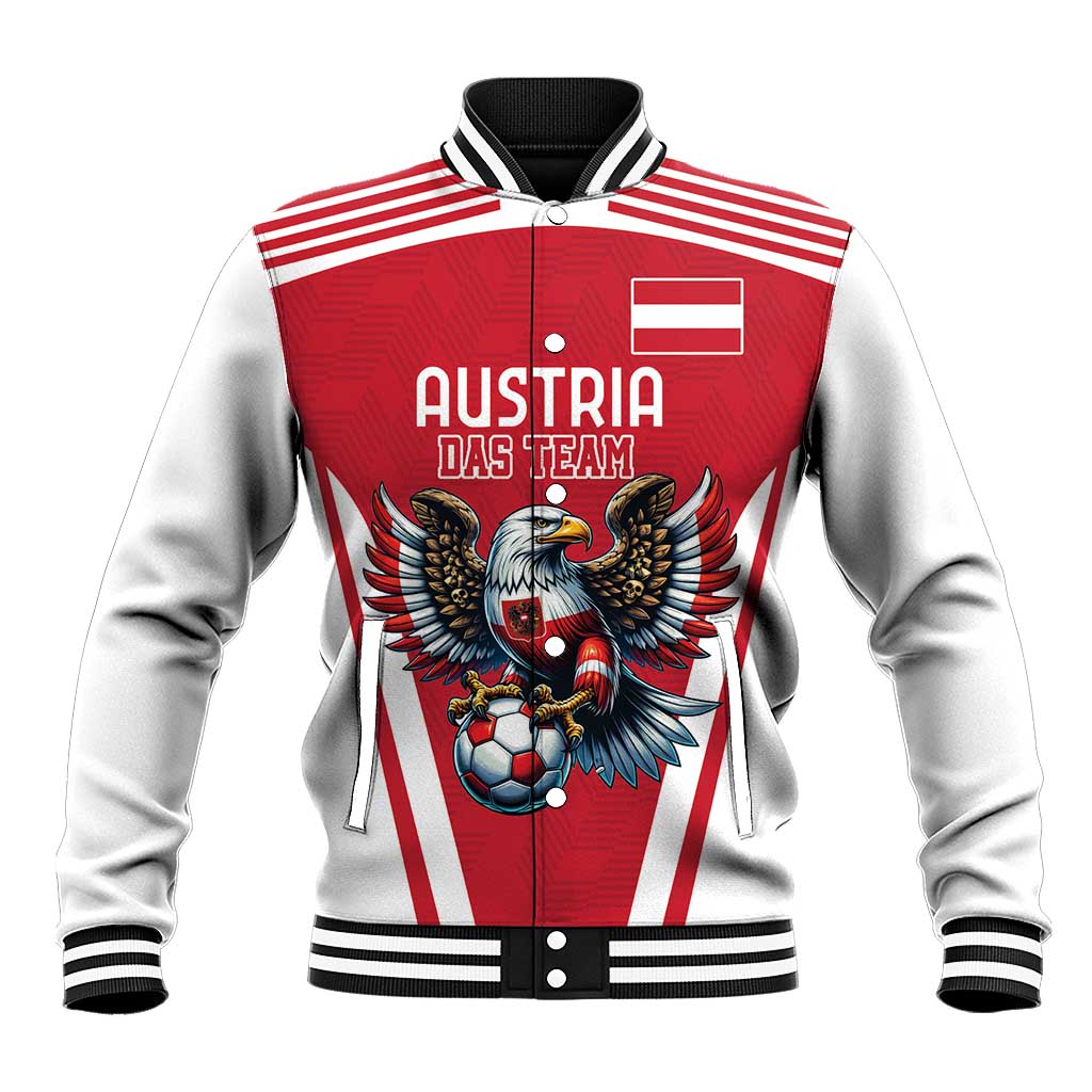 Red and white varsity baseball jacket with eagle mascot, soccer ball graphic, zip front