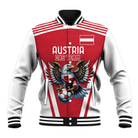 Red and white varsity baseball jacket with eagle mascot, soccer ball graphic, zip front