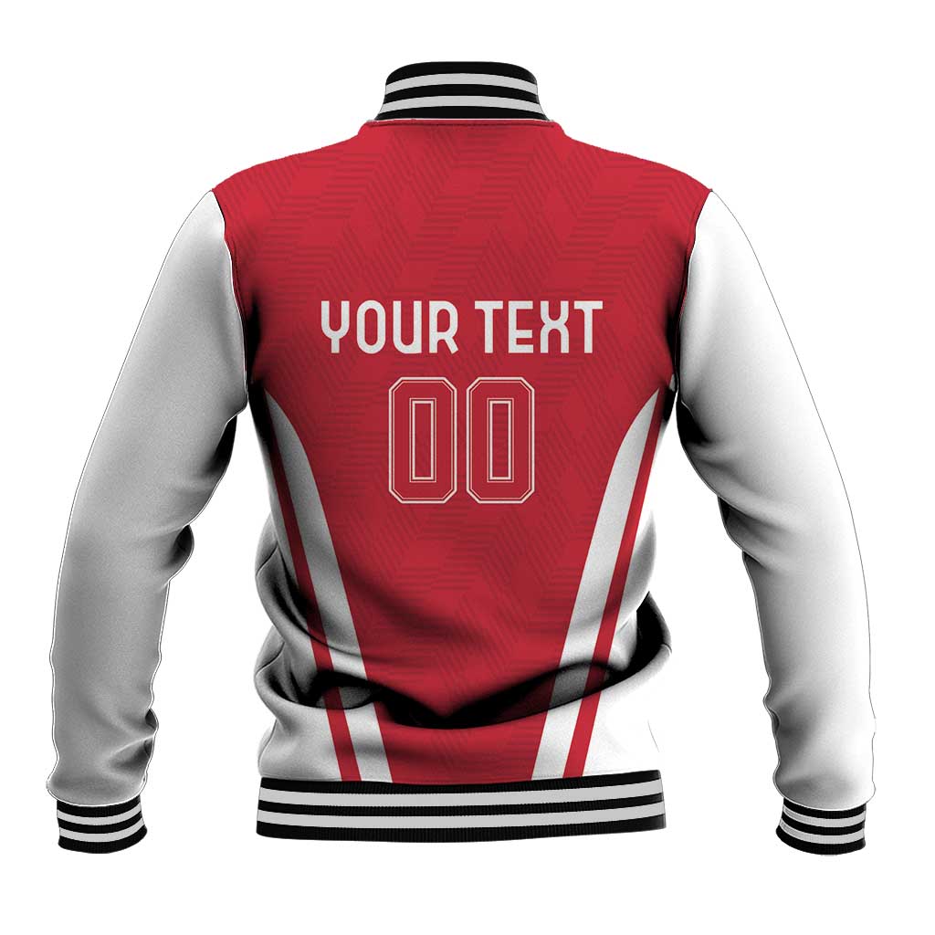 Red and white baseball jacket back with 'YOUR TEXT' and 00, striped rib trim