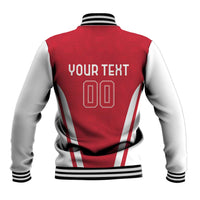 Red and white baseball jacket back with 'YOUR TEXT' and 00, striped rib trim