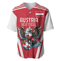 Red baseball football jersey with Austria text and eagle mascot, white sleeve stripes