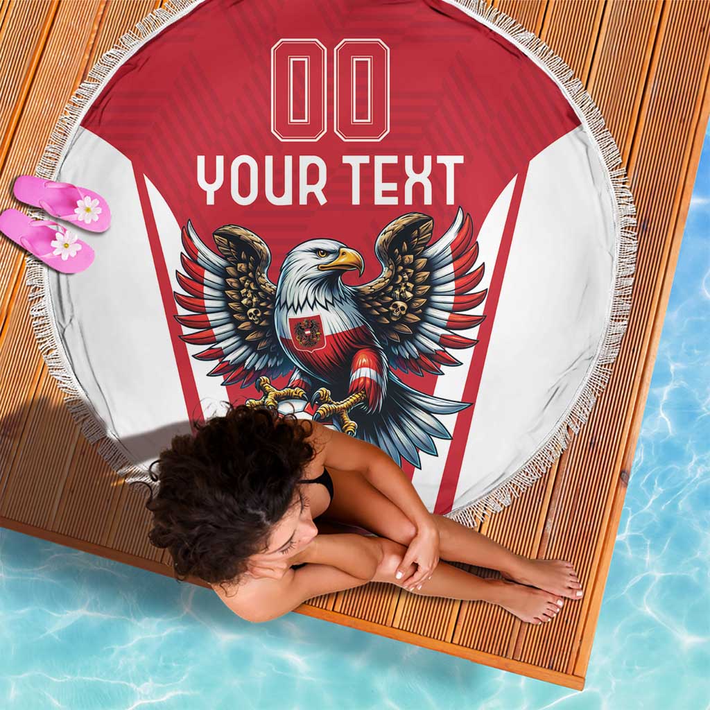 Round beach blanket with eagle mascot, soccer ball, and 'YOUR TEXT' on red panel