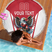 Round beach blanket with eagle mascot, soccer ball, and 'YOUR TEXT' on red panel