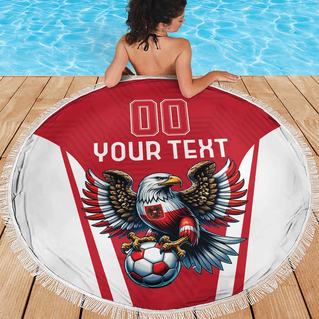 Round beach blanket with red center, white sides, eagle mascot and soccer ball print