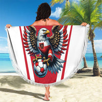 Round beach blanket with eagle mascot and soccer ball design, white fringe trim