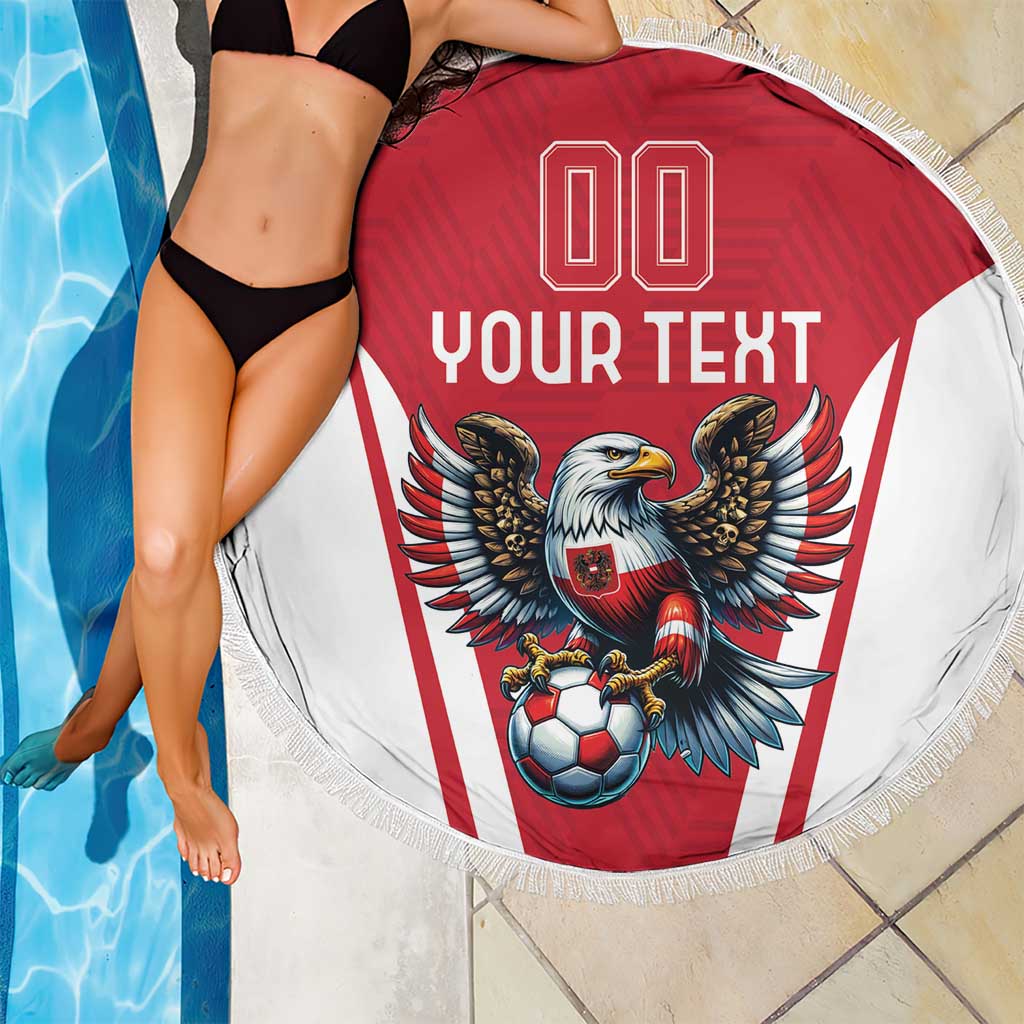 Round red-and-white beach blanket with eagle, soccer ball, and 'YOUR TEXT'