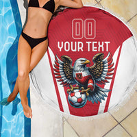 Round red-and-white beach blanket with eagle, soccer ball, and 'YOUR TEXT'