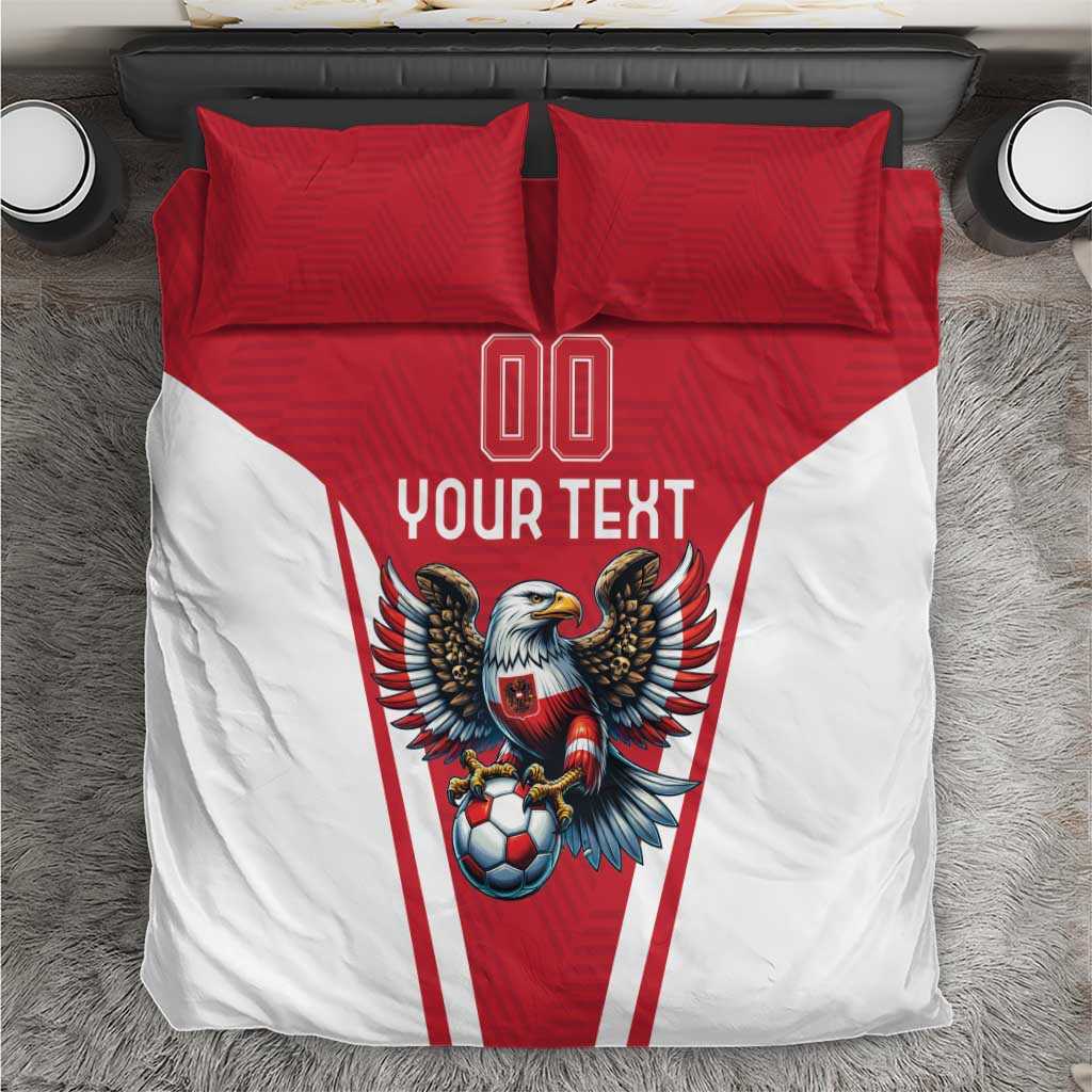Red and white duvet with eagle mascot, 'YOUR TEXT' and '00', with two matching red pillows