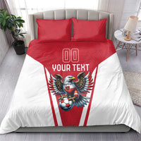 Red and white bedding set with eagle soccer mascot, 'YOUR TEXT' and '00' on duvet