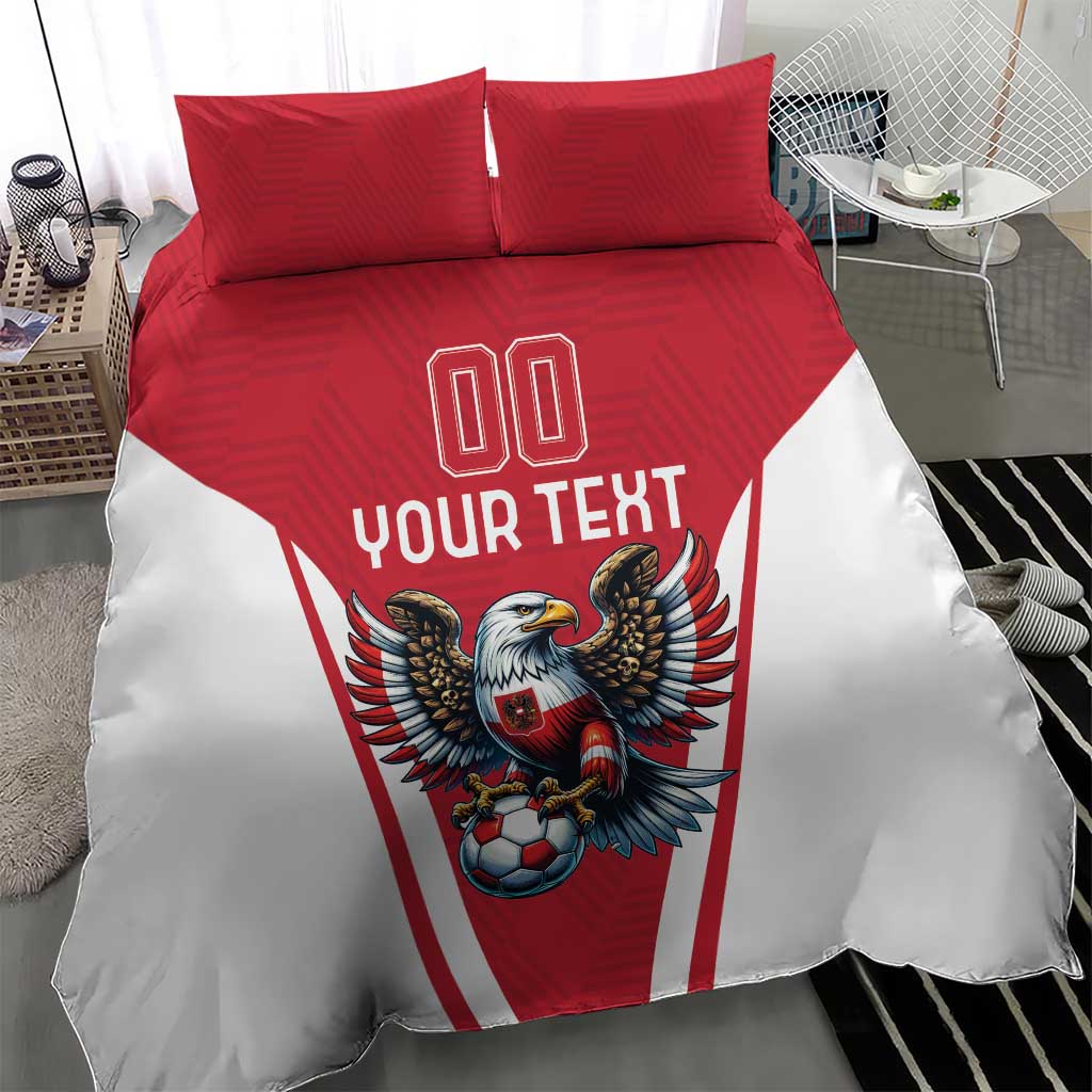 Red & white soccer bedding set with eagle mascot, 'YOUR TEXT' and '00' on duvet