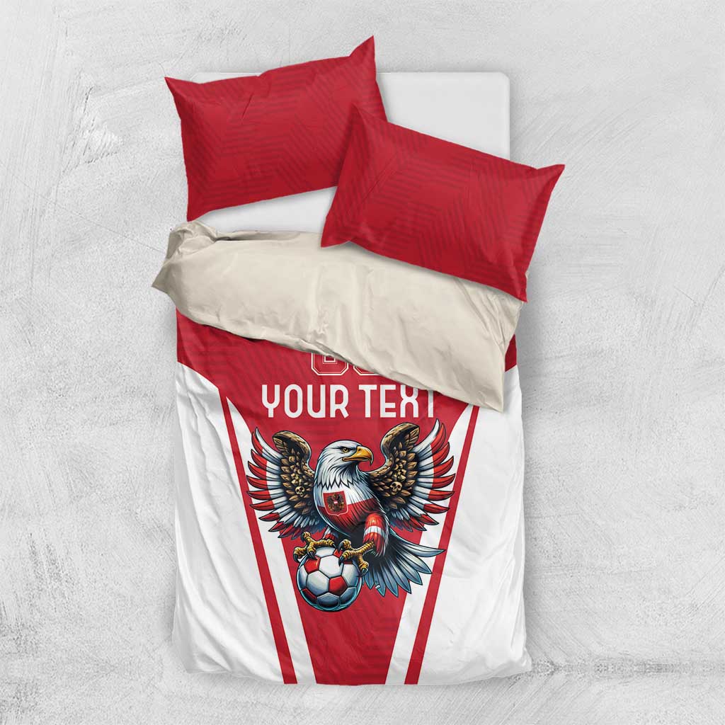 Red and white duvet set with eagle soccer emblem, 'YOUR TEXT' and '00', two red pillows