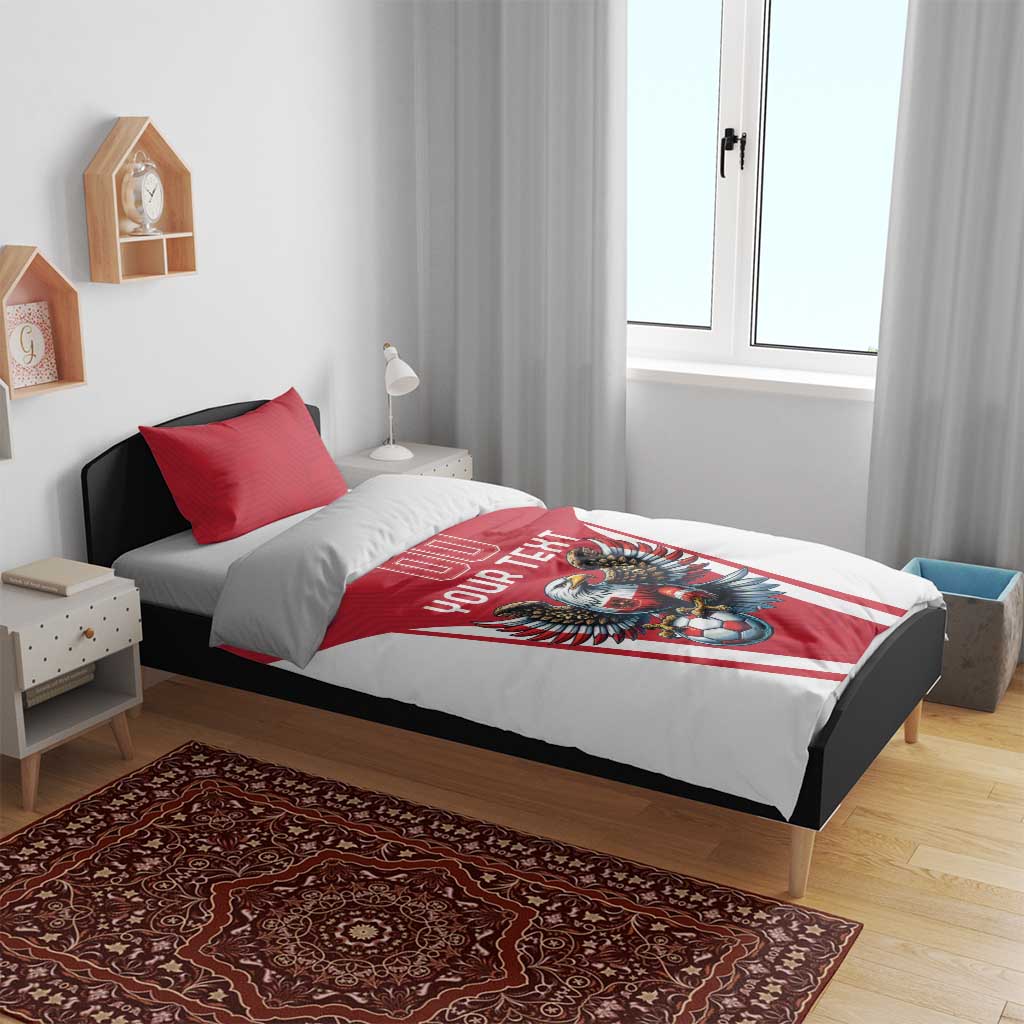 Red and white duvet and pillow set featuring eagle soccer mascot and 'YOUR TEXT' banner