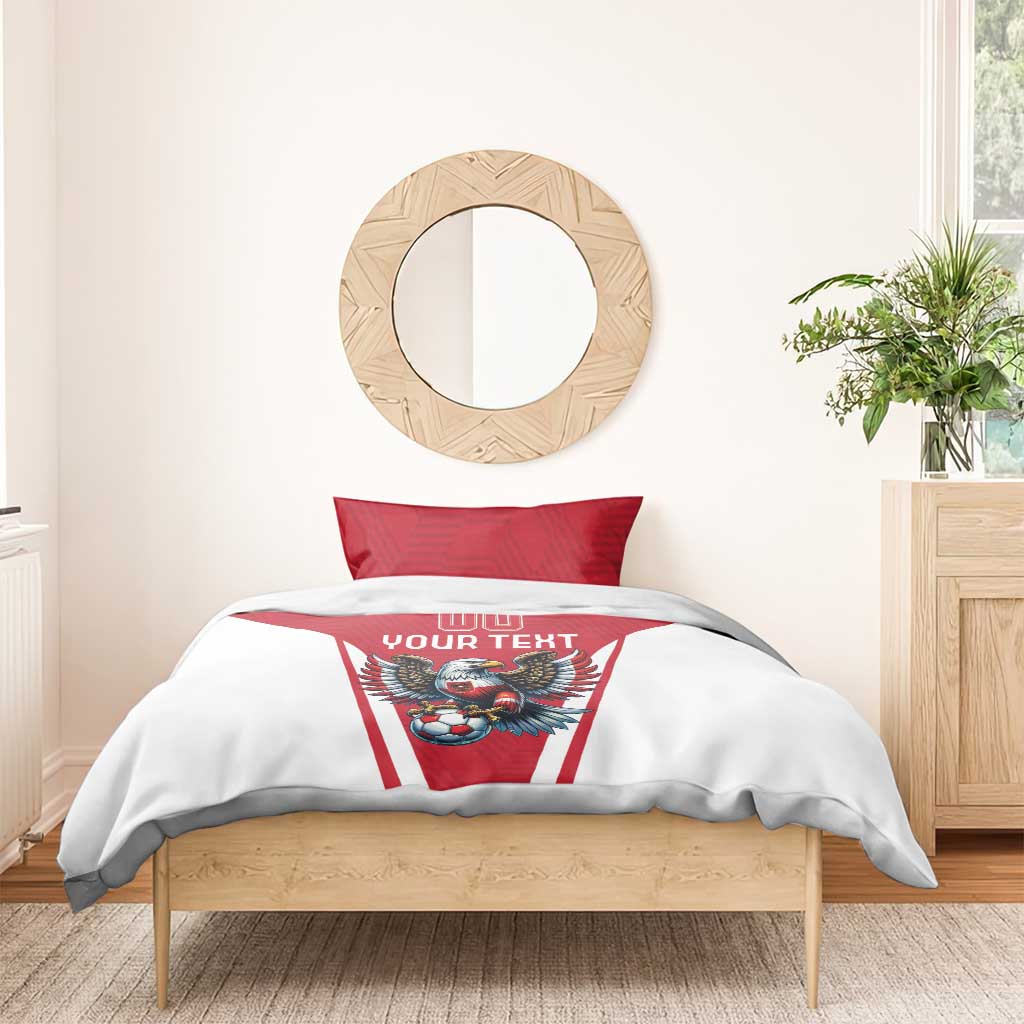 Red and white bedding set with eagle soccer emblem and 'YOUR TEXT' on duvet