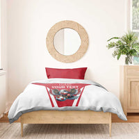 Red and white bedding set with eagle soccer emblem and 'YOUR TEXT' on duvet