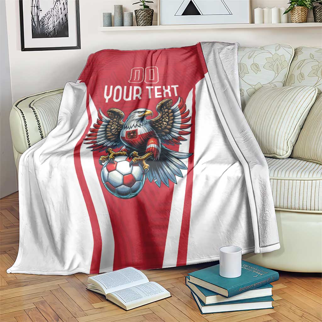 Red and white football blanket with eagle mascot, soccer ball, and 'YOUR TEXT'/'00'.