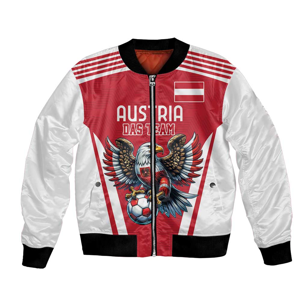 Red and white football bomber jacket with eagle mascot graphic, black rib trim
