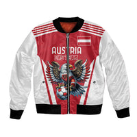 Red and white football bomber jacket with eagle mascot graphic, black rib trim