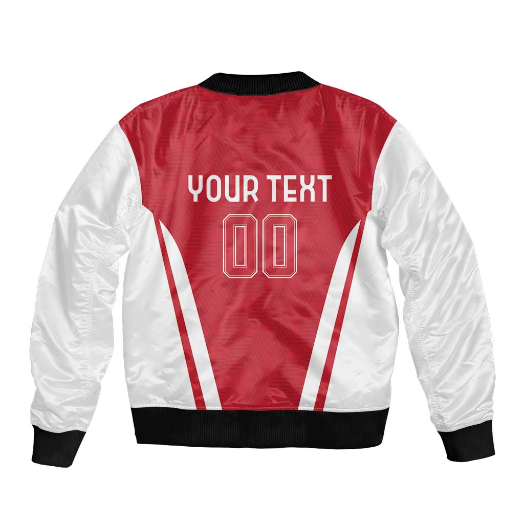 Red and white bomber jacket back with 'YOUR TEXT' and number 00, black rib trim