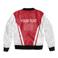 Red and white bomber jacket back with 'YOUR TEXT' and number 00, black rib trim
