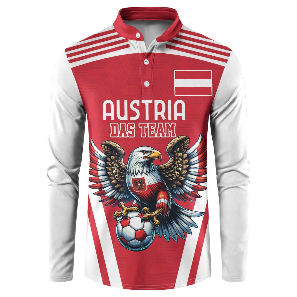 Red and white button football sweatshirt with Austria team eagle mascot graphic