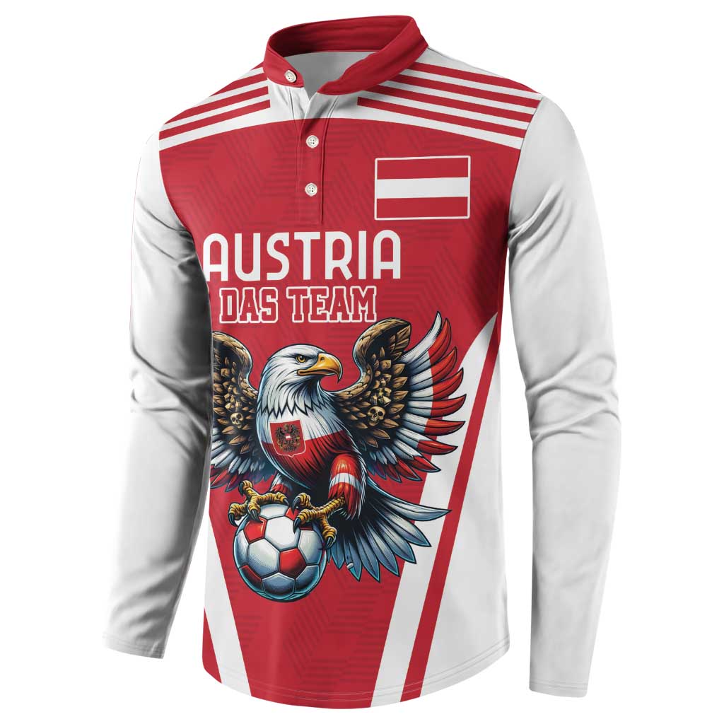 Red and white button football sweatshirt with Austria text, eagle mascot, and flag panel