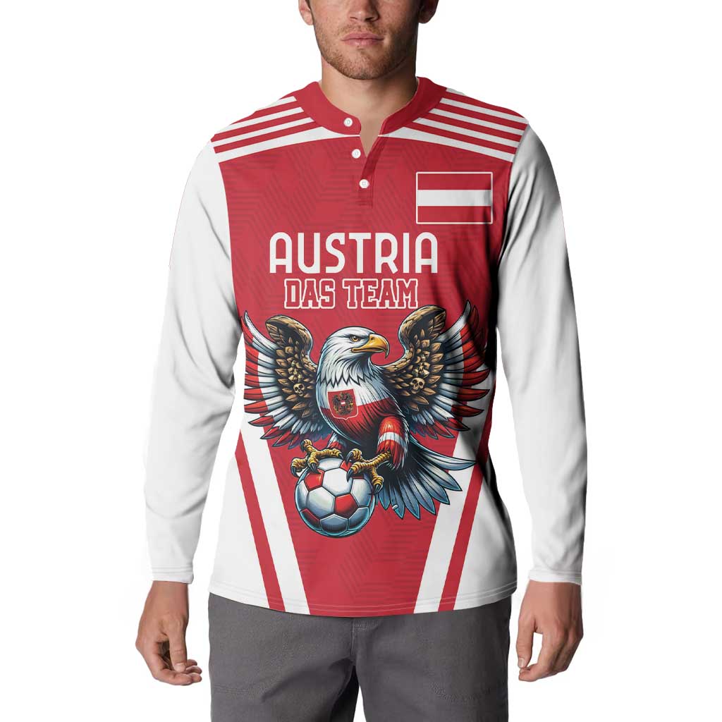 Red and white button football sweatshirt with Austria team eagle mascot on the front