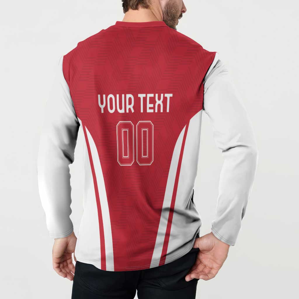 Red and white button football sweatshirt back view with YOUR TEXT and number 00