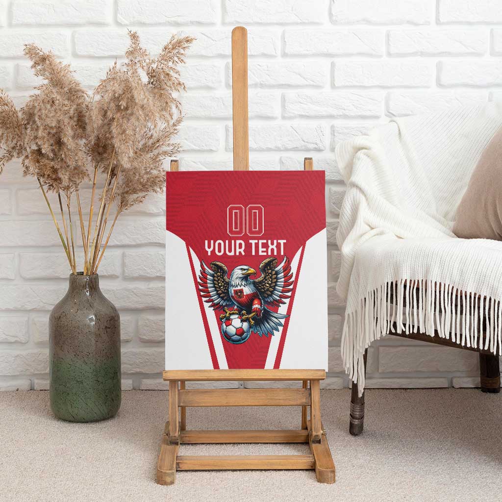 Red canvas wall art with eagle mascot and soccer ball, featuring 'YOUR TEXT' and '00'