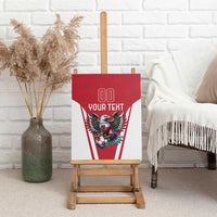 Red canvas wall art with eagle mascot and soccer ball, featuring 'YOUR TEXT' and '00'