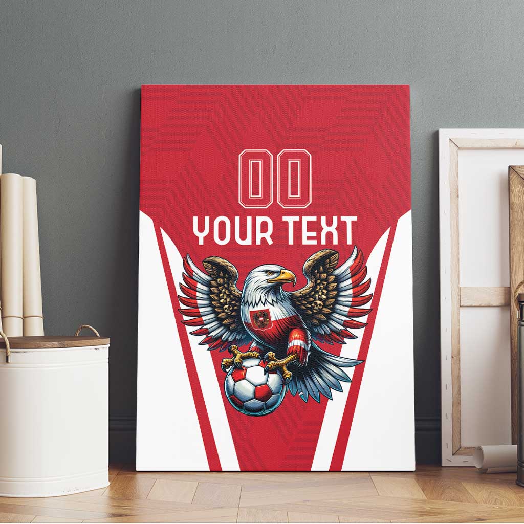 Red canvas wall art on display with eagle mascot holding a soccer ball, 'YOUR TEXT' and '00'